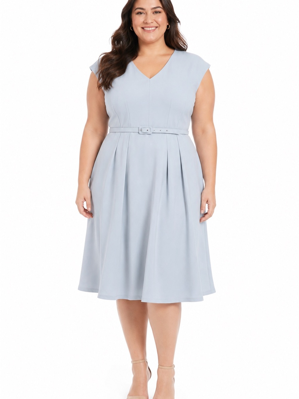 NWT New London Times Belted V-Neck Midi Dress in Light Blue Size 22W